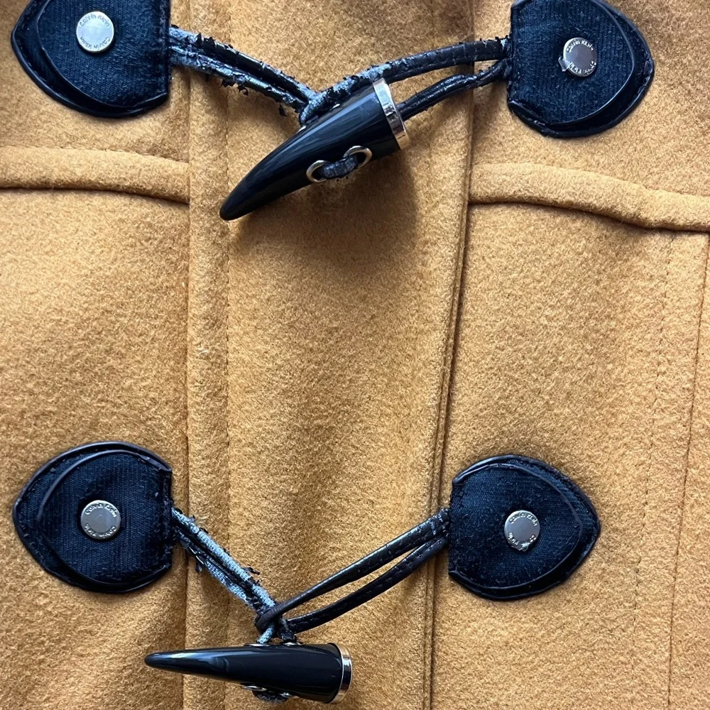 Calvin Klein mustard color wool blend hooded with fur pea coat toggle buttons - Picture 9 of 10